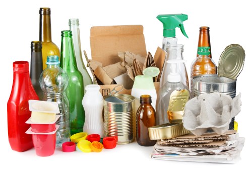 A collection of various empty bottles, containers, and packaging materials primarily made of glass and plastic, arranged in front of a plain background. The bottles include clear, brown, green, and amber colours, with some featuring labels or caps, while others are bare. There are also several metallic cans, some with lids, alongside crumpled paper, cardboard boxes, and a few cleaning spray bottles with trigger mechanisms. Brightly coloured plastic caps and small cups are scattered among the items, which are placed on a surface that appears to be a neutral-colored table or countertop. The scene resembles a typical assortment of waste materials awaiting collection or disposal, consistent with rubbish removal services such as those offered by Office Clearance Hatch End, particularly in areas like Hatch End or nearby postcode regions. The lighting is even, highlighting the textures and transparency of the plastic and glass objects, emphasizing their discarded and used nature, and capturing the overall cluttered appearance of household or office rubbish disposal items.